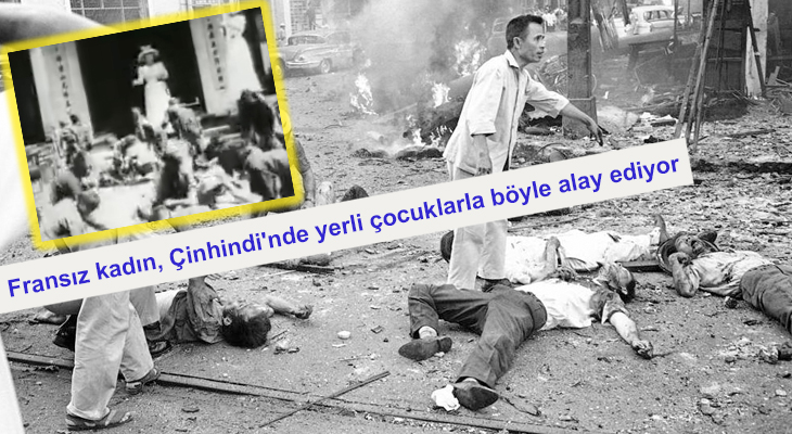 Soykırımcı Fransız, Çinhindi'nde yerli çocuklara tavuklara atar gibi pirinç atıyor